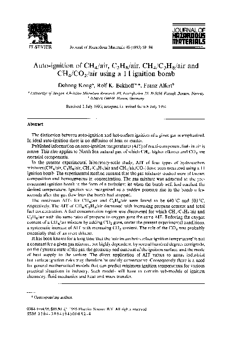First page of “Auto-ignition of CH4air, C3H8air, CH4/C3H8/air and CH4/CO2/air using a 11 ignition bomb”
