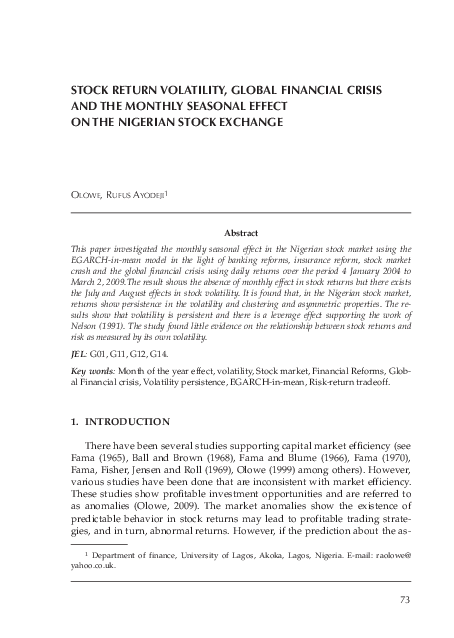 (PDF) Stock Return Volatility, Global Financial Crisis and the Monthly ...