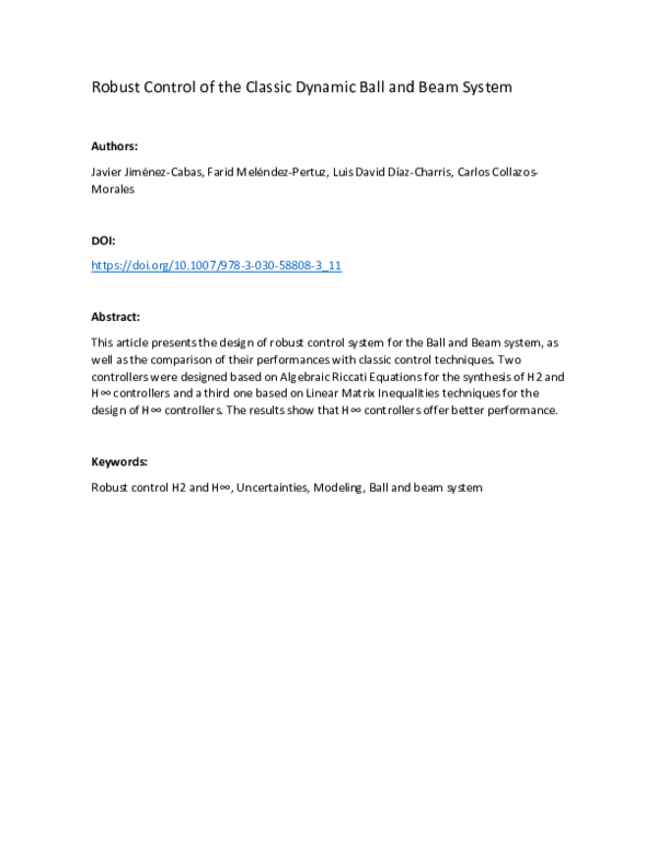 (PDF) Robust Control of the Classic Dynamic Ball and Beam System