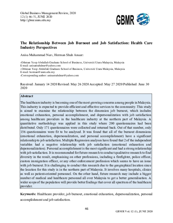 (PDF) The Relationship Between Job Burnout and Job Satisfaction: Health ...