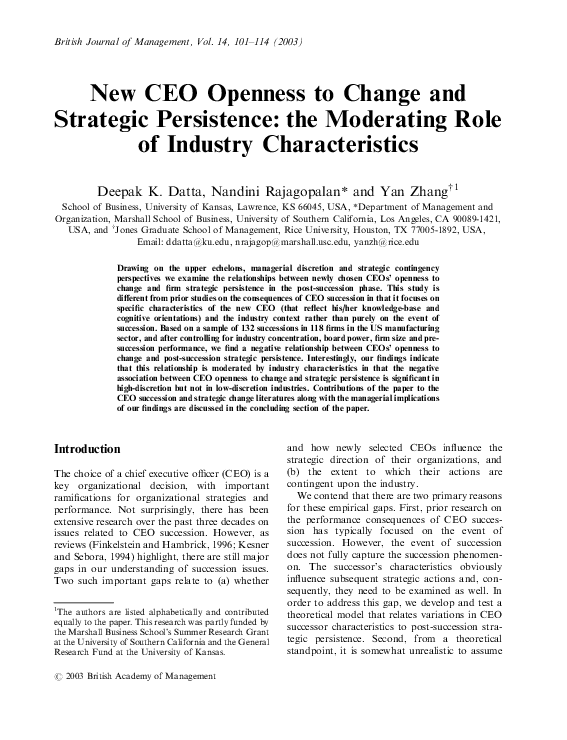 (PDF) New CEO Openness to Change and Strategic Persistence: The ...