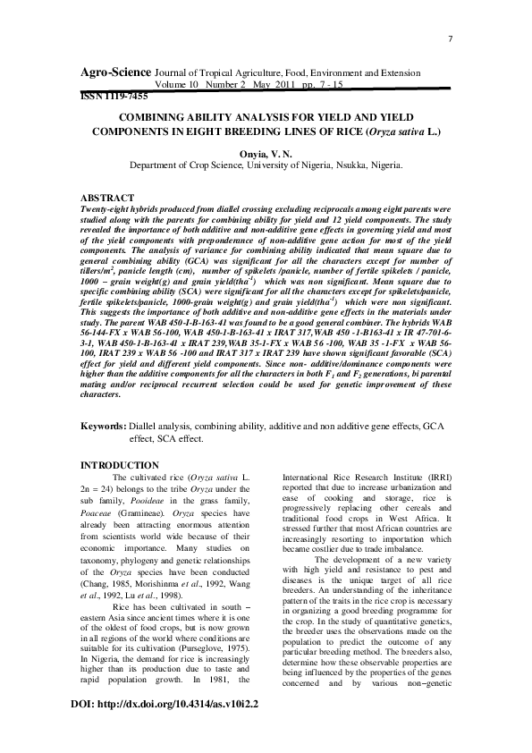 (PDF) Combining Ability Analysis for Yield and Yield Components in ...