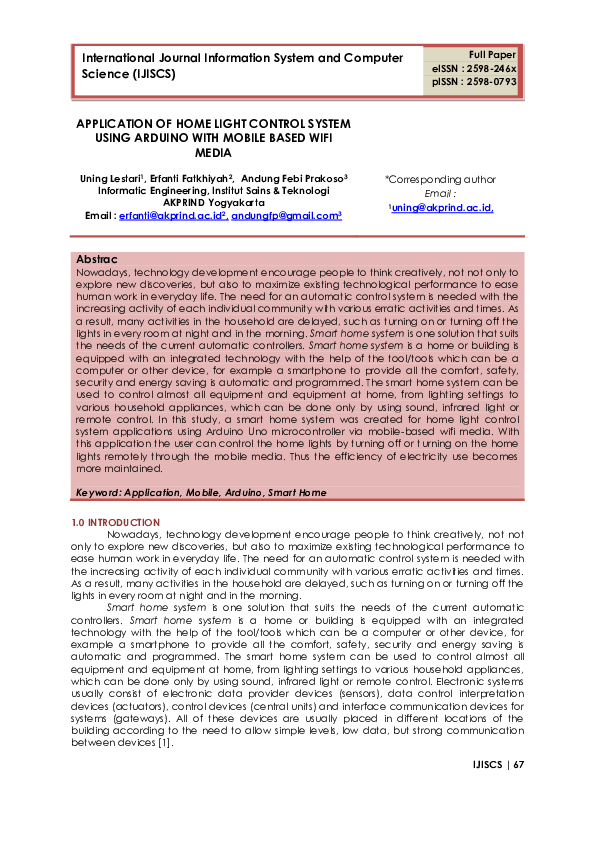 (PDF) Application of Home Light Control System Using Arduino with