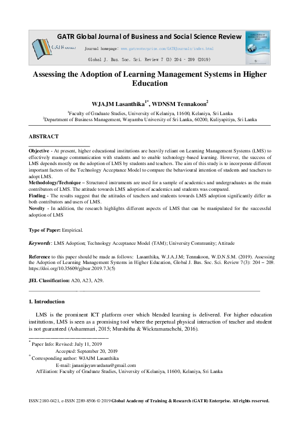 (PDF) Assessing the Adoption of Learning Management Systems in Higher ...