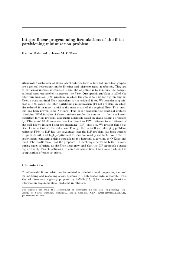 (PDF) Integer linear programming formulations of the filter ...