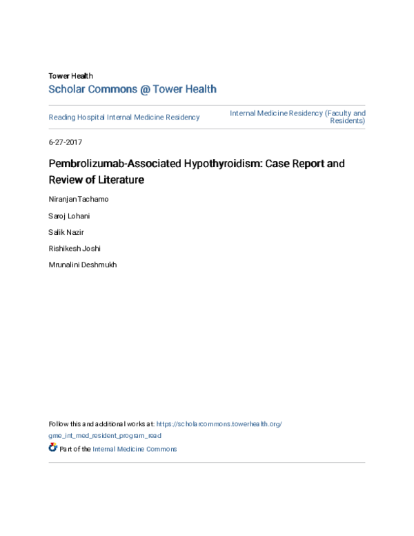 (PDF) Pembrolizumab Associated Hypothyroidism Case Report and Review of Literature Salik