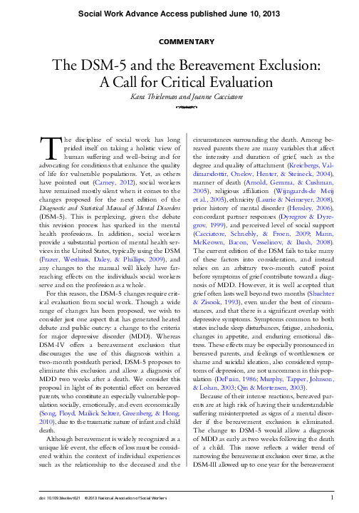 (PDF) The DSM-5 and the Bereavement Exclusion: A Call for Critical ...