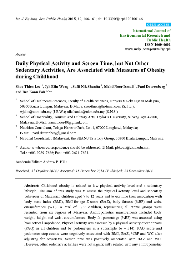 (PDF) Daily Physical Activity and Screen Time, but Not Other Sedentary ...