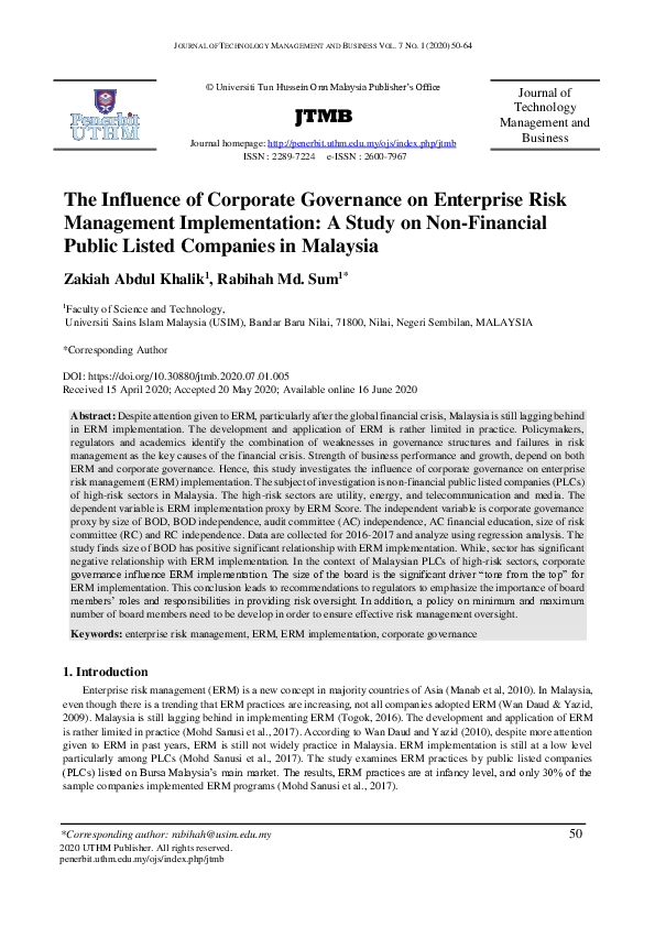 (PDF) The Influence of Corporate Governance on Enterprise Risk ...