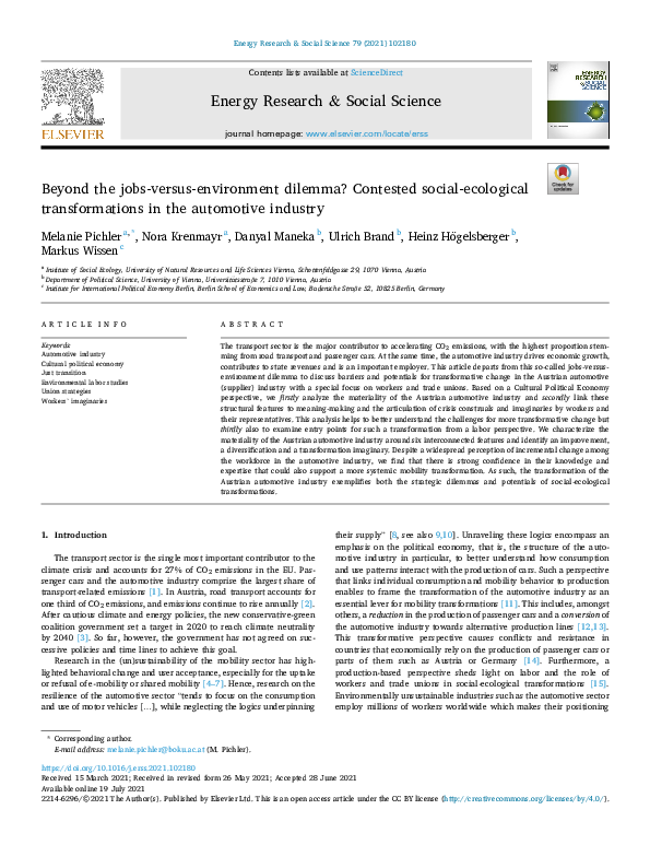 Beyond the jobs-versus-environment dilemma? Contested social-ecological transformations in the automotive industry