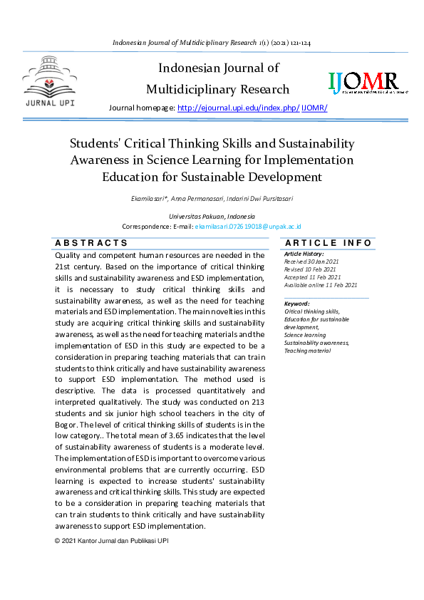 (PDF) Students' Critical Thinking Skills and Sustainability Awareness ...