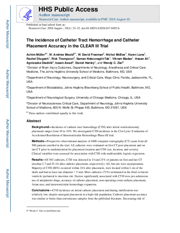 (PDF) The Incidence of Catheter Tract Hemorrhage and Catheter Placement