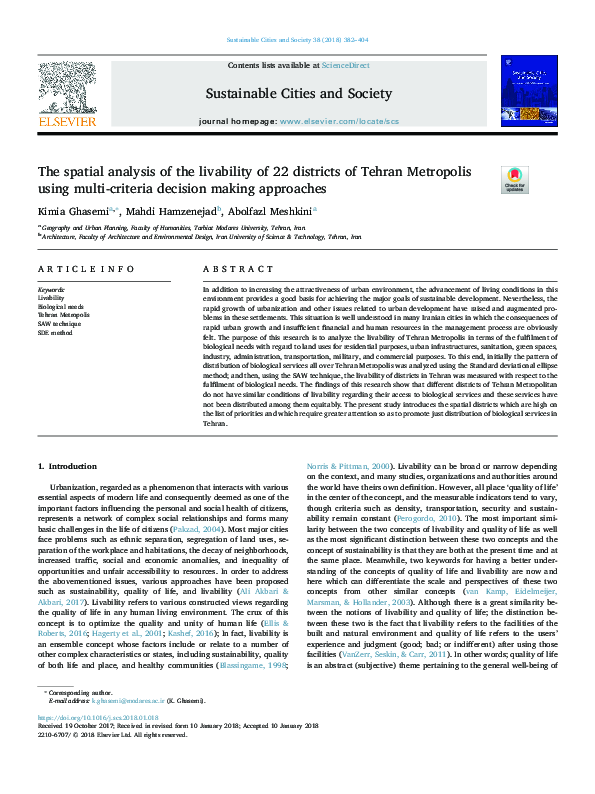 (PDF) The spatial analysis of the livability of 22 districts of Tehran ...