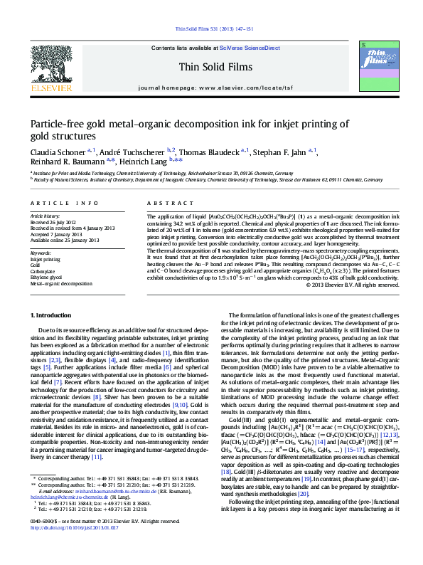 (PDF) Particle-free gold metal–organic decomposition ink for inkjet ...
