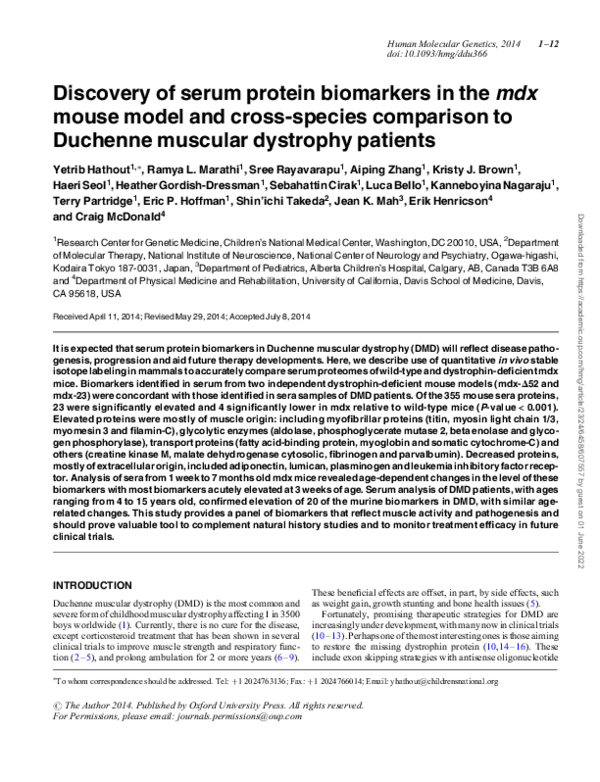 (PDF) Discovery of serum protein biomarkers in the mdx mouse model and ...