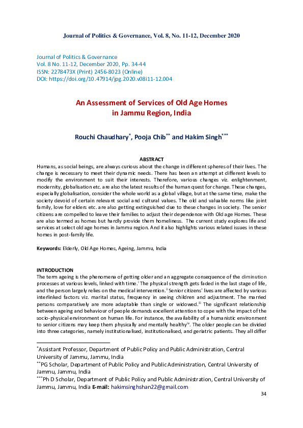 (PDF) An Assessment of Services of Old Age Homes in Jammu Region, India