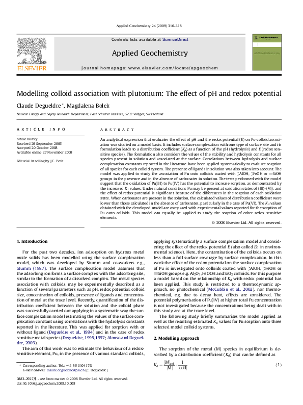 (PDF) Modelling colloid association with plutonium: The effect of pH ...