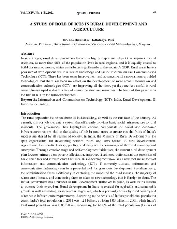(PDF) A STUDY OF ROLE OF ICTs IN RURAL DEVELOPMENT AND AGRICULTURE