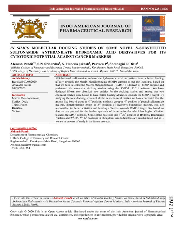 (PDF) In Silico Molecular Docking Studies on Some Novel N-Substituted ...