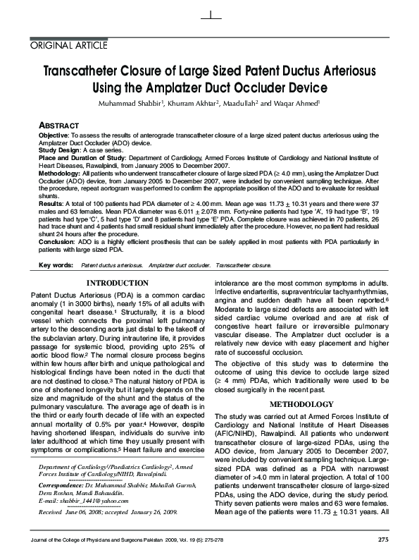 (PDF) Transcatheter closure of large sized patent ductus arteriosus ...