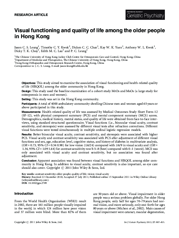 (PDF) Visual functioning and quality of life among the older people in ...