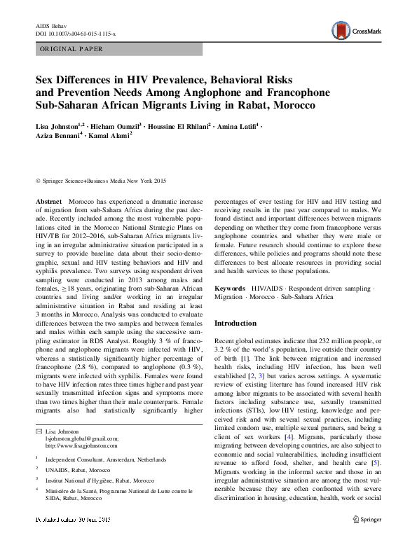 (PDF) Sex Differences in HIV Prevalence, Behavioral Risks and ...