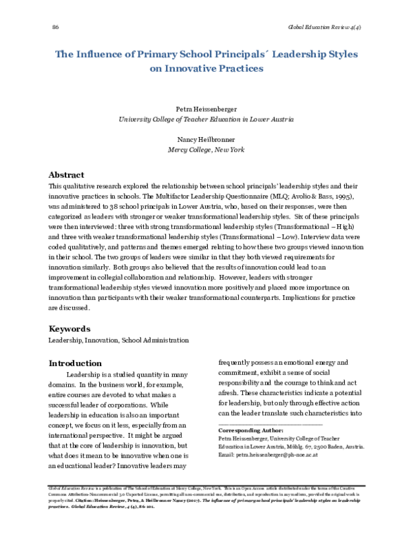 (PDF) The Influence of Primary School Principals´ Leadership Styles on ...