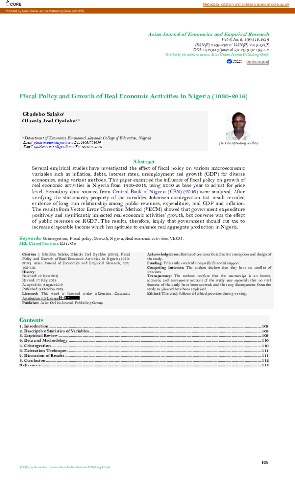 (PDF) Fiscal Policy and Growth of Real Economic Activities in Nigeria ...