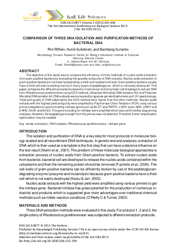 (PDF) Comparison of Three Dna Isolation and Purification Methods of ...