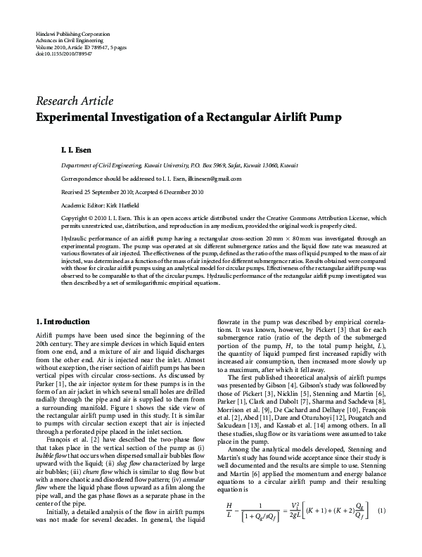 (PDF) Experimental Investigation of a Rectangular Airlift Pump