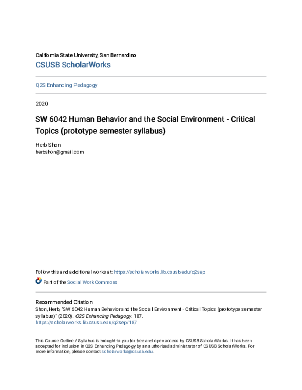 (PDF) SW 6042 Human Behavior and the Social Environment Critical Topics ...