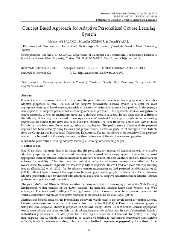 (PDF) Concept Based Approach for Adaptive Personalized Course Learning