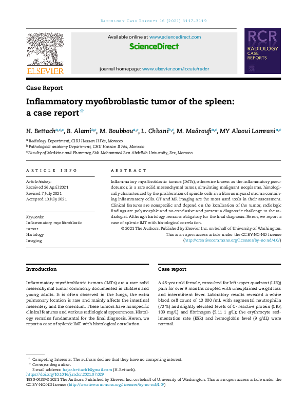 (PDF) Inflammatory myofibroblastic tumor of the spleen: a case report