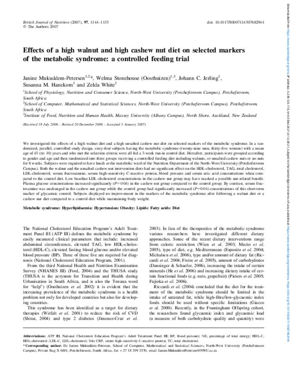 (PDF) Effects of a high walnut and high cashew nut diet on selected ...