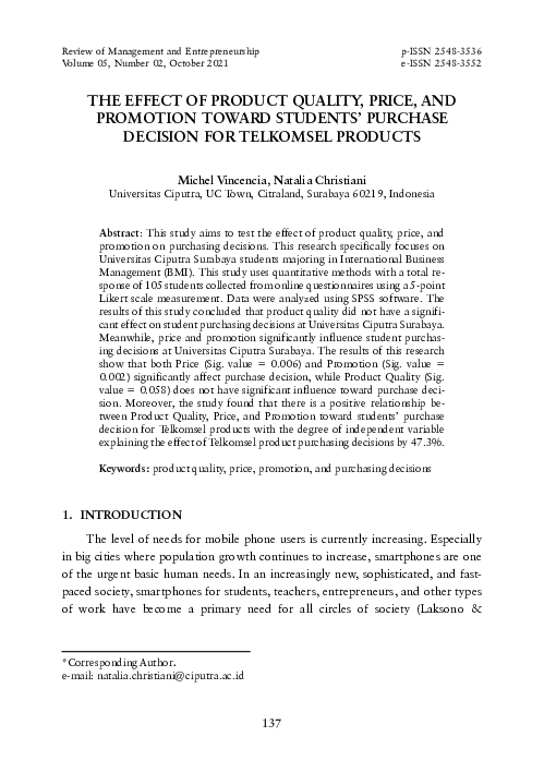 (PDF) The Effect of Product Quality, Price, and Promotion toward ...