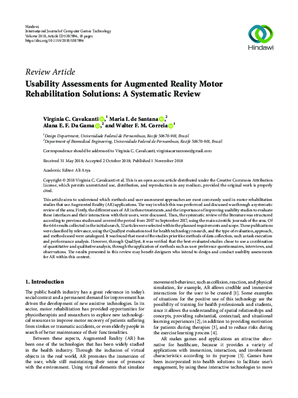 (PDF) Usability Assessments for Augmented Reality Motor Rehabilitation ...