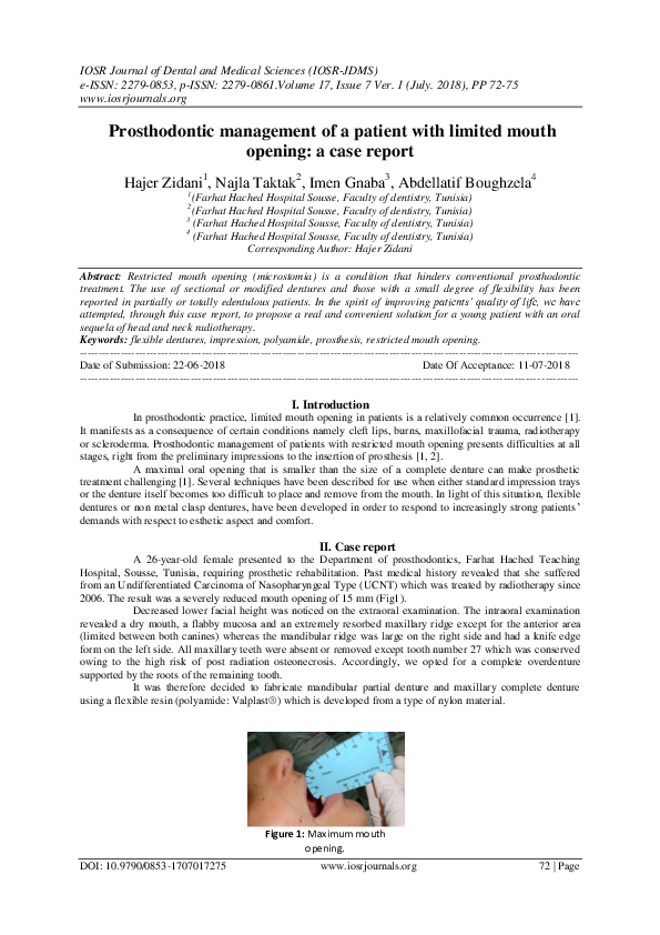 (PDF) Prosthodontic management of a patient with limited mouth opening ...
