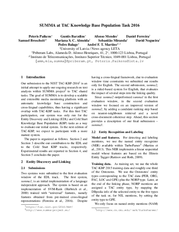 (PDF) Summa At Tac Knowledge Base Population Task 2016