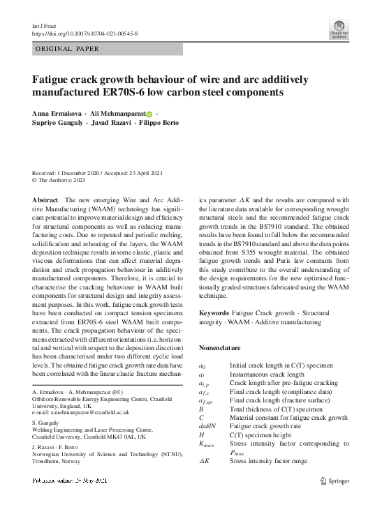 (PDF) Fatigue crack growth behaviour of wire and arc additively ...