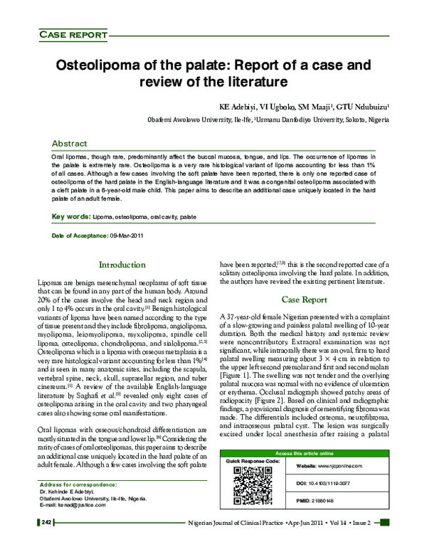 (PDF) Osteolipoma of the palate: Report of a case and review of the ...
