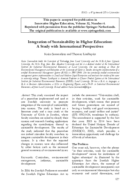 (PDF) Integration of Sustainability in Higher Education: A Study with ...