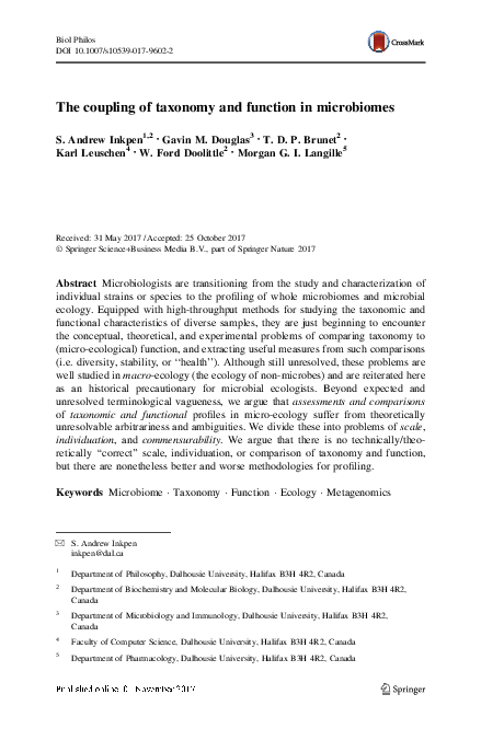 (PDF) The coupling of taxonomy and function in microbiomes
