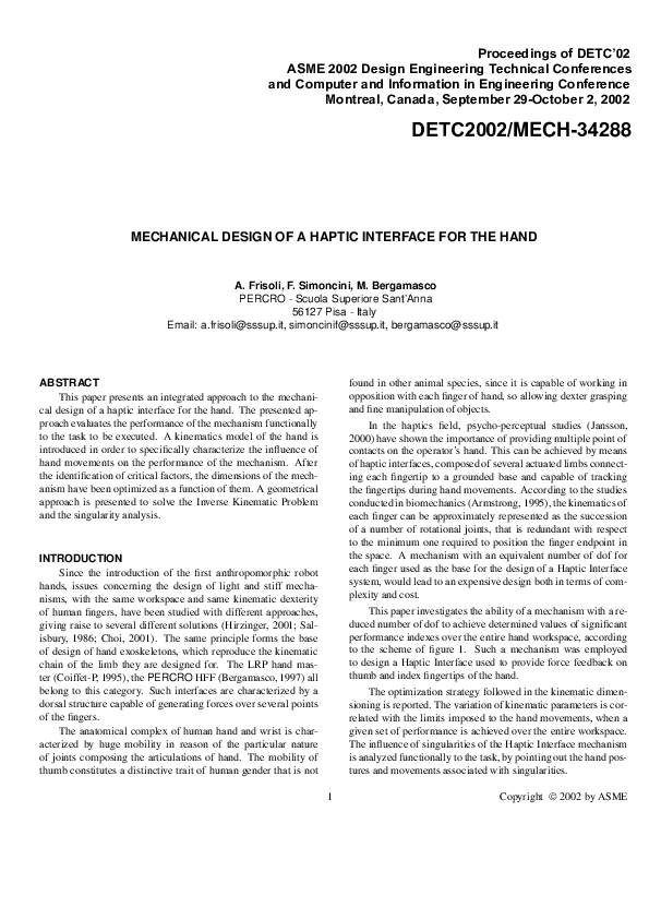 (PDF) Mechanical Design of a Haptic Interface for the Hand