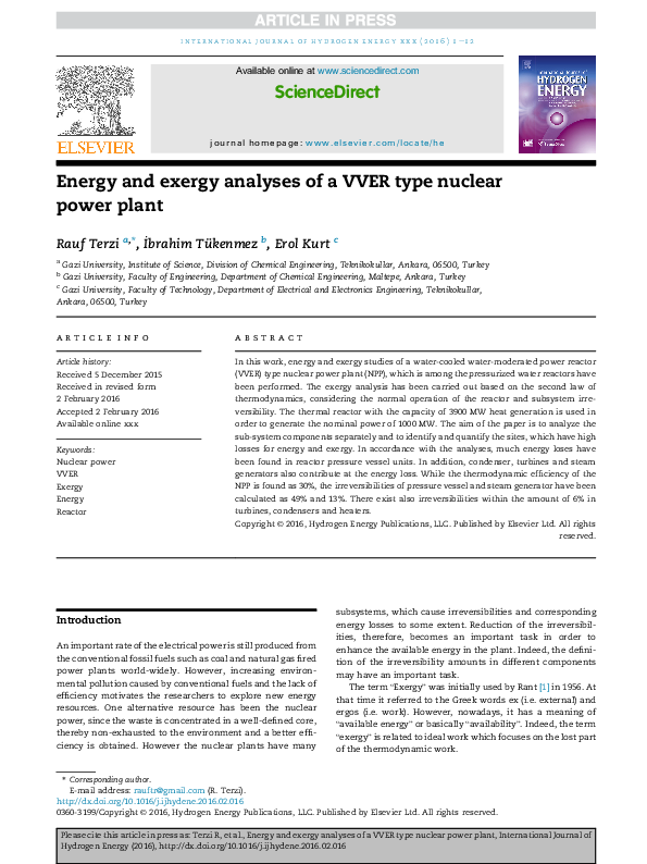 (PDF) Energy and exergy analyses of a VVER type nuclear power plant