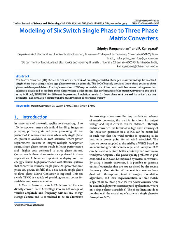 (PDF) Modeling of Six Switch Single Phase to Three Phase Matrix Converters