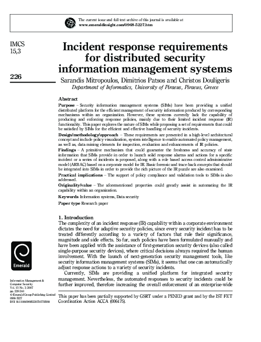  PDF Incident Response Requirements For Distributed Security Information Management Systems 