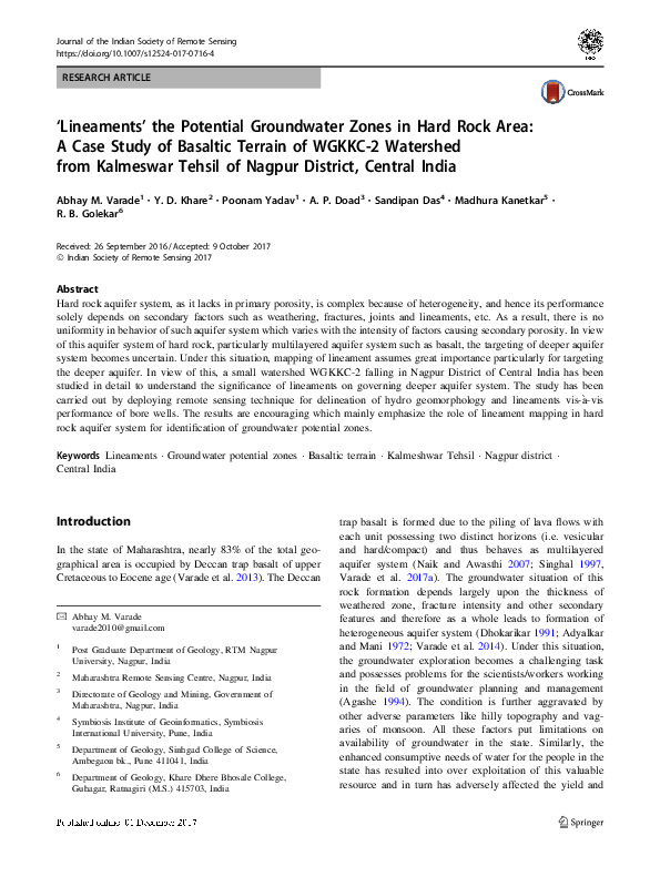 (PDF) ‘Lineaments’ the Potential Groundwater Zones in Hard Rock Area: A ...