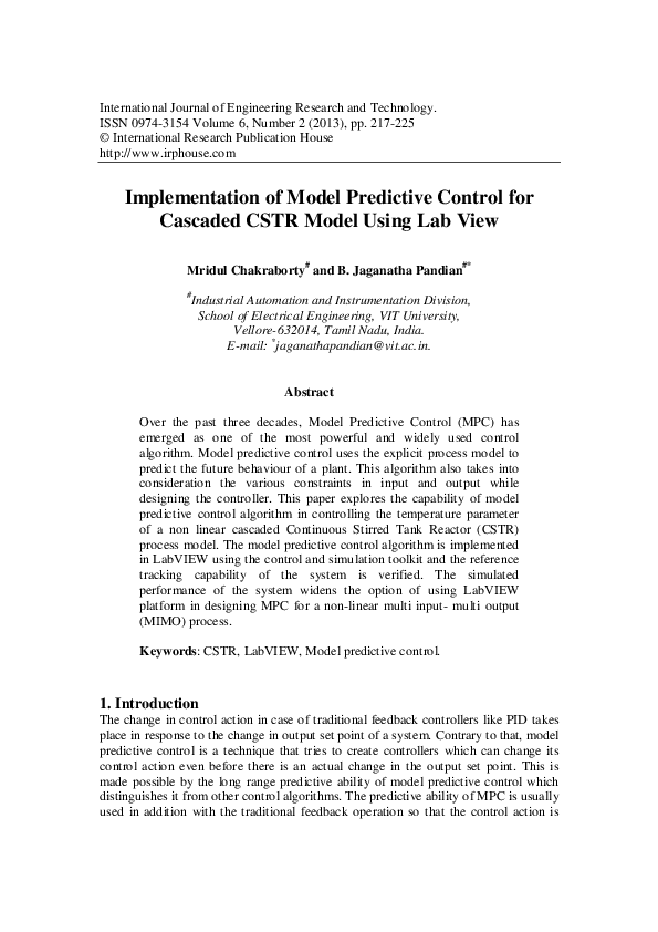 (PDF) Implementation of Model Predictive Control for Cascaded CSTR ...