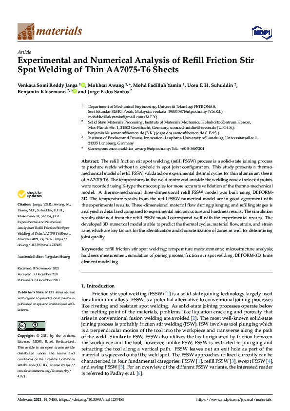 (PDF) Experimental and Numerical Analysis of Refill Friction Stir Spot ...