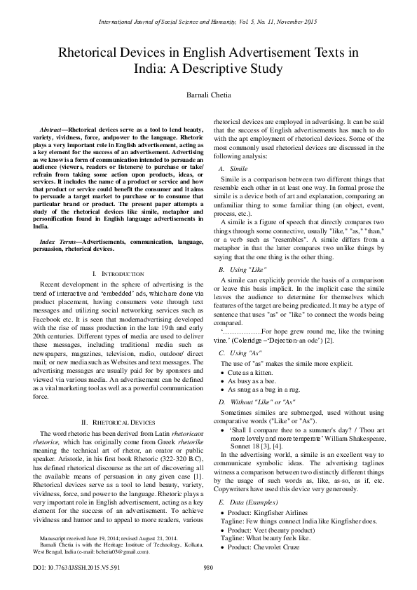 (PDF) Rhetorical Devices in English Advertisement Texts in India: A ...